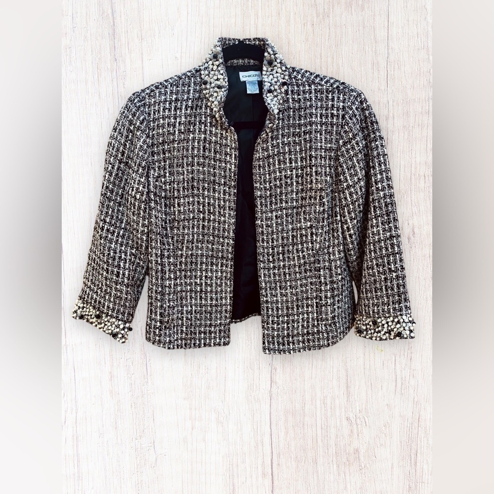 Chico’s CROPPED TWEED BLAZER JACKET Embellished Designer Shoulder Pads Trendy M